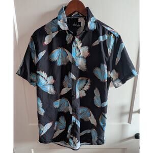 Mens Public Record Butterfly Pattern Button Up Short Sleeve Shirt Black Blue M